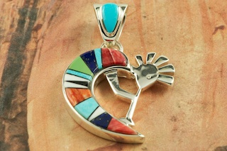 Genuine Sleeping Beauty Turquoise, Blue Lapis, Spiny Oyster Shell, Sugilite and Magnesite inlaid in Sterling Silver.  Reversible  Kokopelli Pendant with sterling silver contemporary design. Free 18